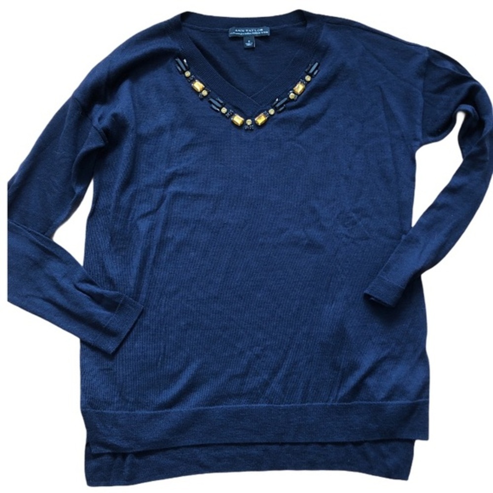 ANN TAYLOR MERINO WOOL NAVY‎ JEWEL NECK SWEATER S